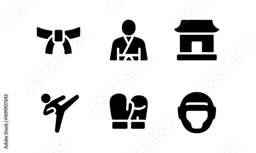 Martial arts icons: belt, gi, dojo, kick, gloves, headgear in bold silhouette style