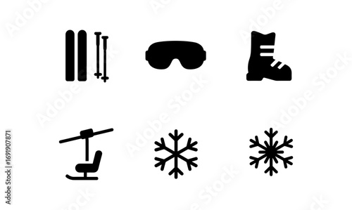 Winter sports essentials: ski gear and snowflakes silhouette icons set