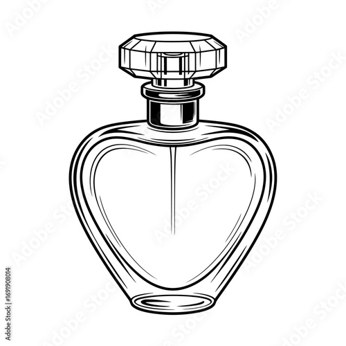 Elegant Heart Shaped Perfume Bottle Illustration for Beauty and Fashion Designs Detailed Outline Vector Artwork Isolated on White Background