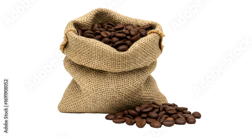 Burlap Sack Overflowing with Fresh Roasted Coffee Beans on a Brown Surface
