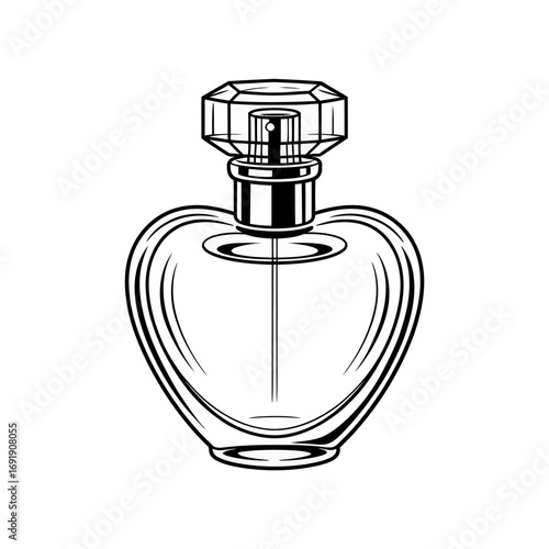Elegant heart shaped perfume bottle illustration with faceted glass stopper and clean crisp lines for product visualization and graphic design