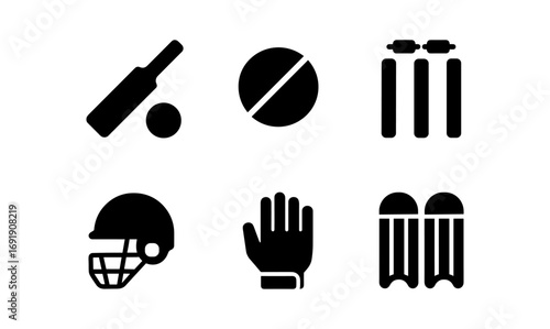 Cricket equipment icons in minimalist silhouette style
