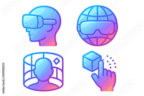 Virtual reality gradient icons. VR AR symbol set for metaverse, augmented reality, futuristic technology. Vector signs for digital world, simulation, interactive gaming headset.