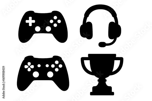 Gaming icon set featuring controllers, headset, and trophy in bold silhouette style. Vector design for video games, esports, competition, online tournament, and gamer awards.