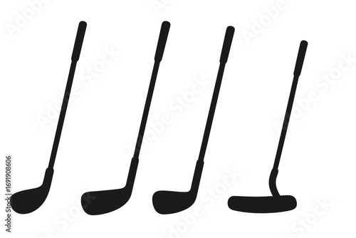 Golf club silhouette icon set. Vector collection of various golf equipment like driver, iron, wood, putter. Simple graphic symbol for sport, game, hobby, tournament design.