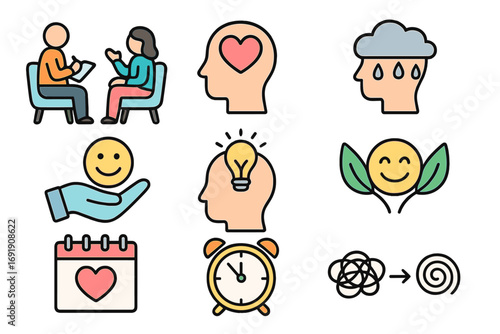 Mental health icon set vector. Psychology, therapy, self-care icons. Depression, stress, emotional wellbeing. Problem solving, personal growth, time management concept.
