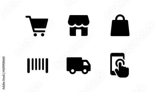 Shopping and delivery icons: cart, storefront, bag, barcode, truck, mobile click