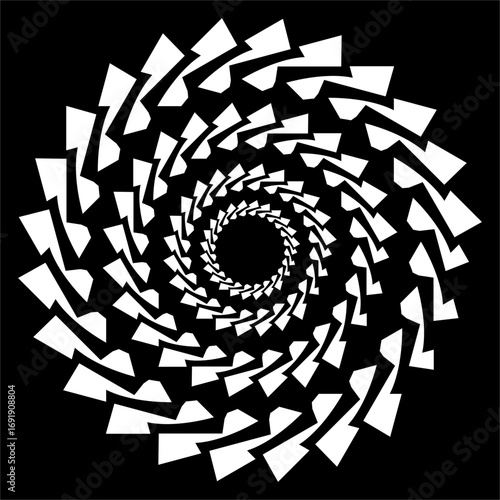 Angular shards spiral endlessly inward, creating a hypnotic tunnel of motion. The fragmented shapes dance between chaos and symmetry, pulling vision toward infinite depth.