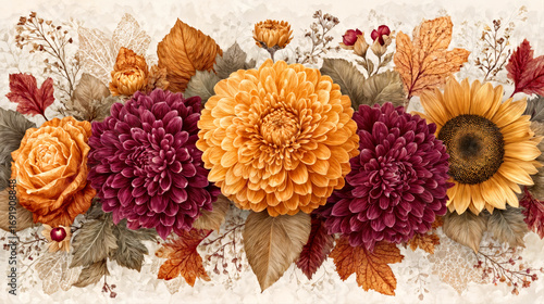 Vibrant Autumn Floral Arrangement: Chrysanthemum, Sunflower, and Rose with Fall Leaves