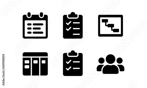 Project management icons: calendar, checklist, workflow, team, kanban, task
