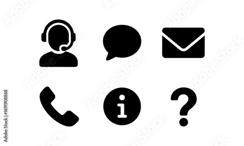 Customer service and communication icons in black silhouette set