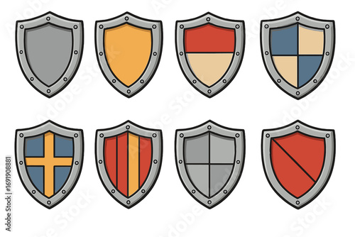 Set of medieval shields. Knight heraldry crests and emblems. Vector cartoon illustration for game assets. Protection and security symbols with various colors and patterns.