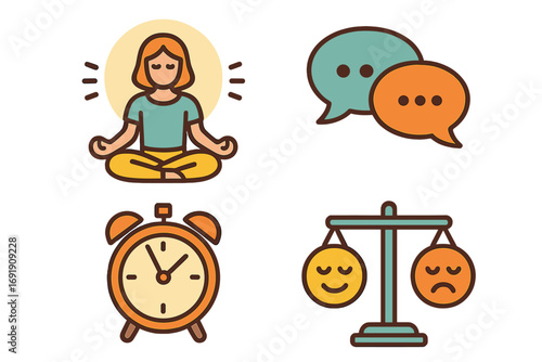 Wellness icon set for mental health. Mindfulness meditation, communication chat, time management, emotional balance scale. Psychology cartoon vector flat illustration.