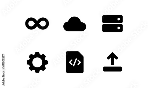 Minimalist technology icons: cloud, server, code, and more