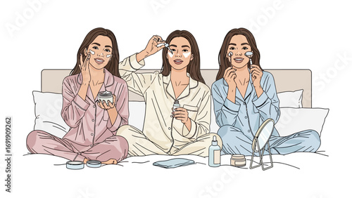 Three young women in pajamas applying face masks and skincare products while sitting on a bed during a sleepover or spa night
