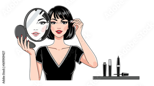 Young woman with short black hair applying mascara to her eyelashes while looking in a hand mirror with makeup products nearby