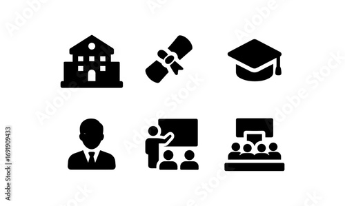 Education and learning icons set featuring school, diploma, graduation cap