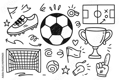 Hand drawn soccer doodle icon set. Vector illustration collection of football sport elements. Includes ball, goal, trophy cup, cleat, whistle, and game strategy for championship.