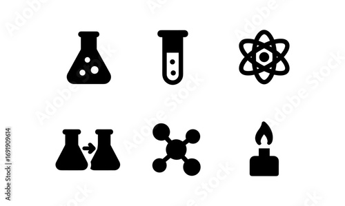 Science icons set featuring beakers, molecules, and atomic symbols in simple black silhouette design