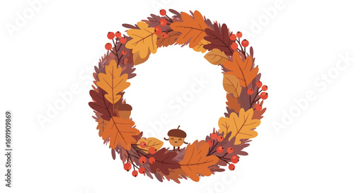 Autumnal Wreath with Colorful Leaves and Acorn Festive Fall Decoration.