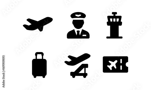 Aviation icons set: pilot, airplane, control tower, luggage, boarding pass