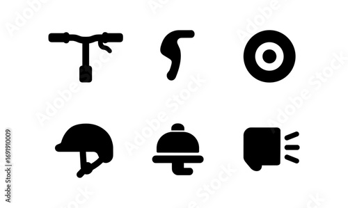 Minimalist scooter icons: handlebar, hepburn, wheel, helmet, bell, signal