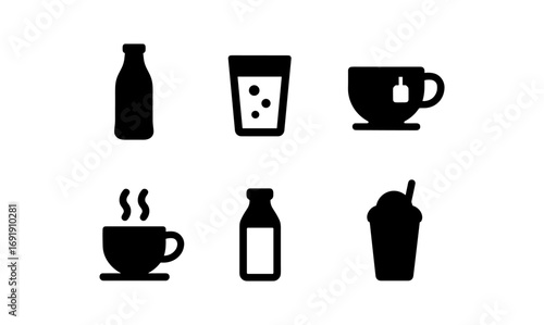 Minimalist beverage icons set: coffee, tea, milk, juice, smoothie silhouettes