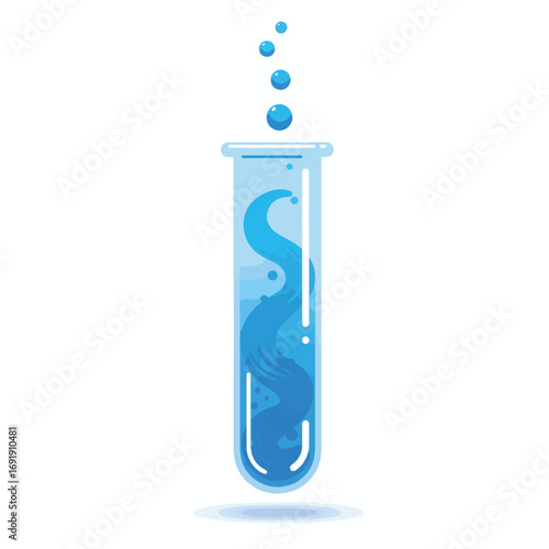 Blue liquid swirling inside a laboratory test tube with bubbles rising.