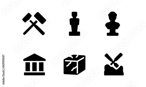 Black silhouette icons of artifacts, sculpture, and museum elements