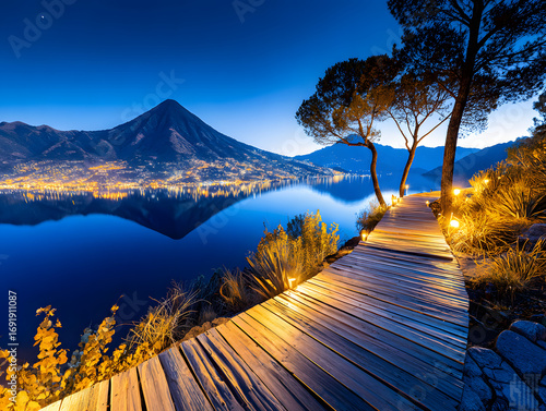 Beautiful nighttime view of a wooden boardwalk leading to the tranquil shores of Lake Atitlán, Guatemala, under a starry sky