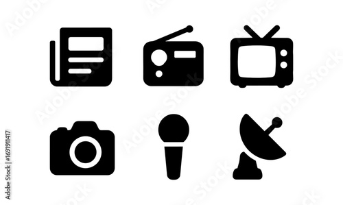 Media icons set: retro tv, radio, camera, microphone, newspaper, satellite
