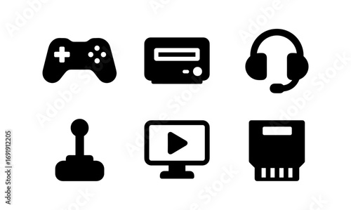 Gaming equipment icons set: console, headset, joystick, monitor, memory card