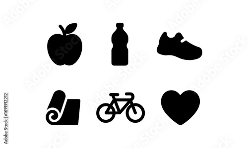 Minimalist fitness icons set featuring apple, water bottle, shoe, yoga mat, bicycle, and heart