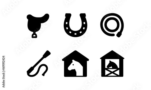 Equestrian icons set: saddle, horseshoe, reins, crop, stable, horse head silhouette