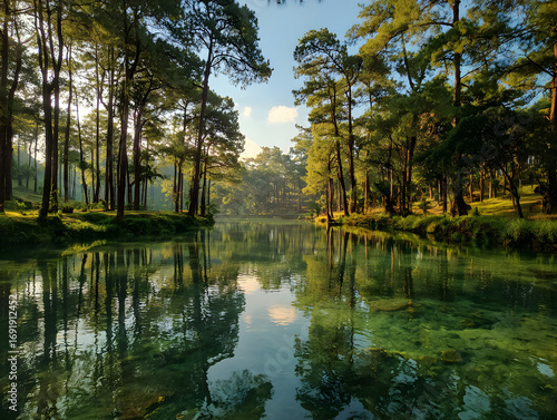 Peaceful forest lake reflecting sunlit trees and clear blue sky with subtle mist creating a serene natural landscape