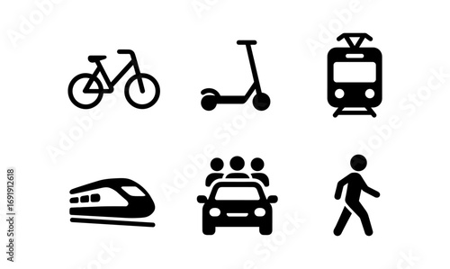 Urban transportation icons: bike, scooter, train, tram, carpool, and pedestrian symbols