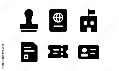 Simplified black icons of travel essentials and identification documents
