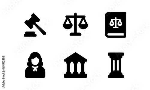 Law and justice icons: gavel, scales, judge, courthouse, legal book, pillar