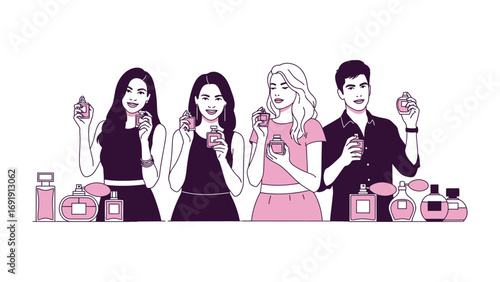 Four stylish young adults two women and two men holding perfume bottles and enjoying fragrances in a vibrant illustration with a white background