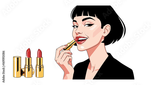 Stylish retro woman with short black hair applying vibrant red lipstick with golden tubes of makeup isolated on white background