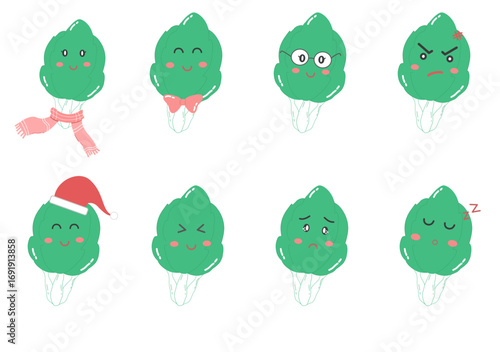 Cute Kawaii vegetables Napa cabbage Cartoon Illustration Set, pastel color, smiling face character
