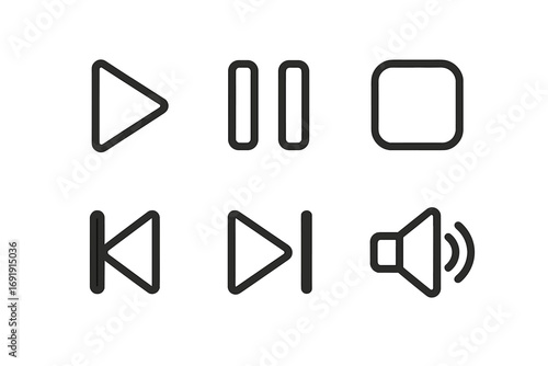 Media player control buttons icon set. Minimalist line art vector for web and app design. Play, pause, stop, next, previous, rewind, forward, and volume symbols for UI UX.