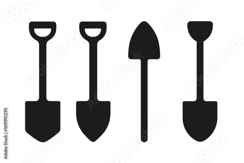 Shovel and spade vector icon set for construction and gardening. Minimalist silhouette graphic of digging tools. Work and labor equipment symbols for agriculture and building.