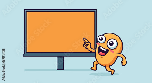 Cheerful Cartoon Character Pointing at Blank Billboard