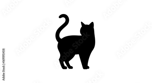 Black cat silhouette with a curved tail on a white background