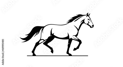 Black and white graphic silhouette of a horse in motion