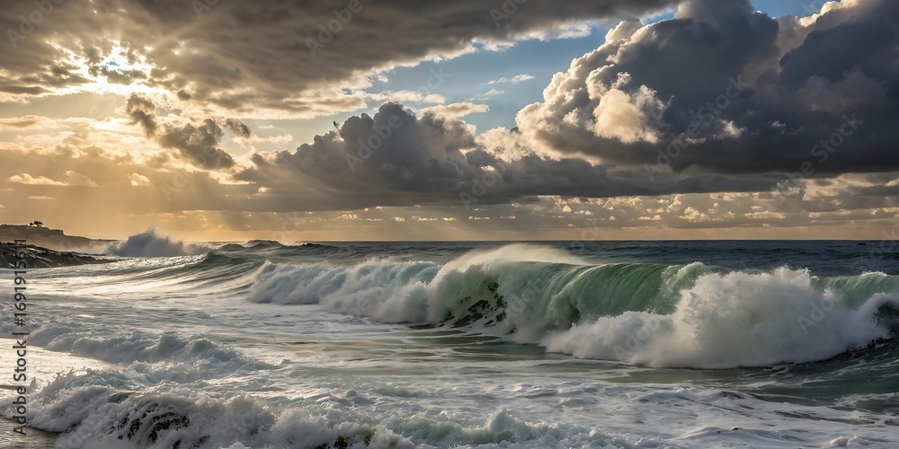 Fototapeta premium Powerful ocean waves crash against the shore under a dramatic sky with sunbeams breaking through clouds.
