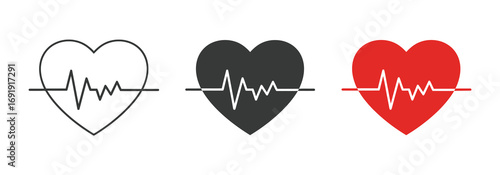 Vector art of three heart icons with electrocardiogram lines, representing health, cardiology, and vital signs