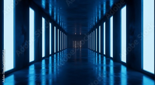 Illuminated passageway with futuristic ambiance and mirrored reflections