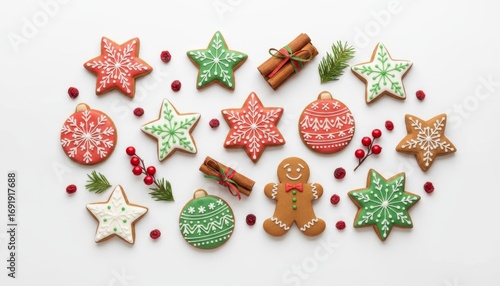 Festive Flatlay of Beautifully Decorated Christmas Cookies with Icing and Garnishes for Holiday Celebrations and Seasonal Joy